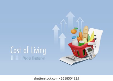 High cost of living, high graph on grocery foods and drinks in shopping basket. Money spending on expensive food and drink price, economic and inflation concept. 3D vector.