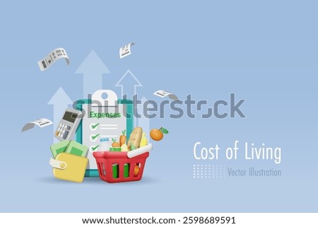 High cost of living, high graph on expenses check list with grocery shopping basket on limited budget. Money spending on expensive food and drink price, economic and inflation concept. 3D vector.