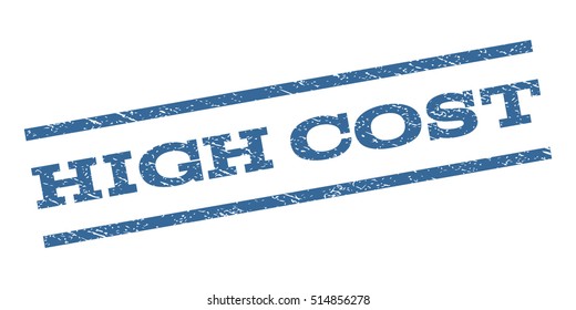 High Cost watermark stamp. Text tag between parallel lines with grunge design style. Rubber seal stamp with scratched texture. Vector cobalt blue color ink imprint on a white background.