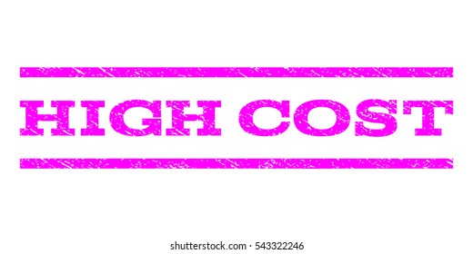 High Cost watermark stamp. Text tag between horizontal parallel lines with grunge design style. Rubber seal stamp with dust texture. Vector magenta color ink imprint on a white background.