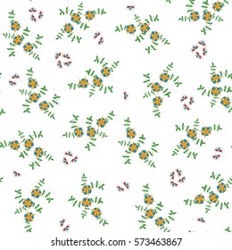 High Coverage Seamless Floral Pattern in Country Style. Romantic Feminine Texture. Small Simple Flowers Scattered on White Background. Design for Calico, Print, Textile, Fabric, Wallpaper, Prints.