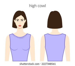 High cowl neckline clothes character beautiful lady in lavanda top, shirt, dress technical fashion illustration with fitted body. Flat apparel template front, back sides. Women, men unisex CAD mockup