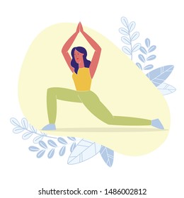 High Crescent Lunge Pose Flat Vector Illustration. Young Smiling Sportswoman Cartoon Character. Healthy Lifestyle, Fitness Trainer in Standing Yoga Position. Balance Training, Pilates Exercise