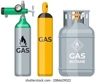 High cylinder, canister with fuel, storage for gas. Metal tank with liquefied compressed petroleum, propane. Pressurized gas cylinder, storage with tap for substance release vector illustration