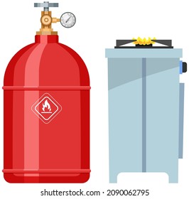 High cylinder, canister next to gas stove. Metal tank with liquefied compressed substance. Stove with burners for cooking powered by gas supplied from container. Kitchen surface with equiment
