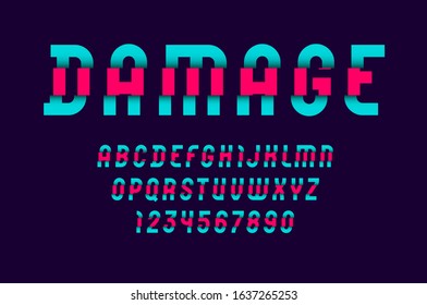High damaged font, trendy colored alphabet, modern letters and numbers, for your designs: logo, t shirt, card, poster, letterpress, vector illustration