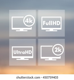 High Definition icons, tags, Full HD, Ultra HD, 2k, 4k, tv sign, vector illustration