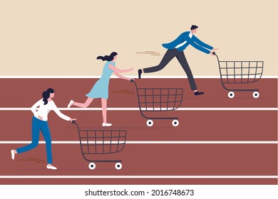 High demand products, sale season e-commerce discount website or marketing campaign drawing customers to buy product concept, consumer people with shopping cart compete in running race tracks.