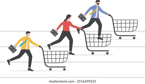 High demand products, sale season e-commerce discount website or marketing campaign drawing customers to buy product concept, consumer people with shopping cart compete in running race tracks.

