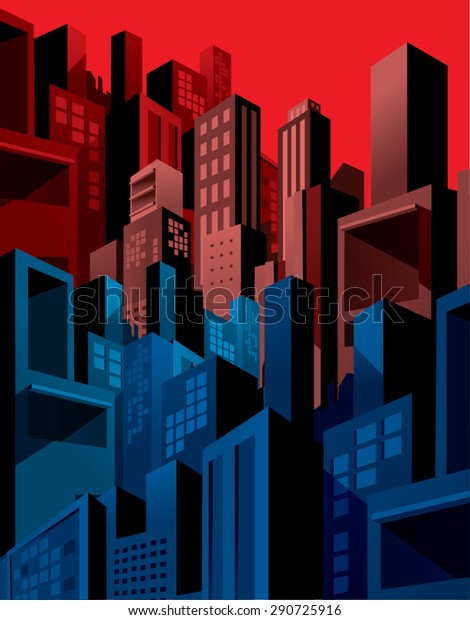 High
density city buildings skyline, graphic comic
style.