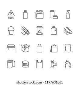 High Density Polyethylene Flat Line Icons. HDPE Products Jerry Can, Plastic Canister, Pipe, Milk Jug, Garbage Container Vector Illustrations. Packaging Thin Signs. Pixel Perfect 64x64 Editable Strokes