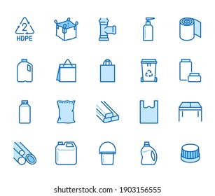 High density polyethylene flat line icons. HDPE products - jerry can, plastic canister, pipes, milk jug, garbage container vector illustrations. Thin signs of packaging. Blue color, Editable Stroke.