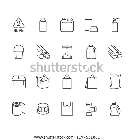 High density polyethylene flat line icons. HDPE products jerry can, plastic canister, pipe, milk jug, garbage container vector illustrations. Packaging thin signs. Pixel perfect 64x64 Editable Strokes