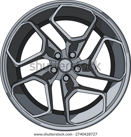High detail alloy wheel vector illustration isolated on white background. Clean automotive rim design with realistic metallic shading, perfect for car modification concepts, posters, and automotive branding projects.