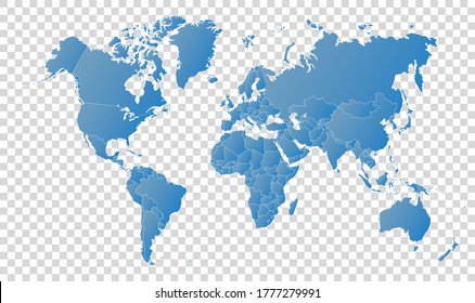 High detail blue political world map with country borders. vector illustration of earth map on transparent background