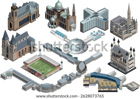 High detail building isometric collection. Le Berlaymont, The Palace of Laeken and its conservatory, Town Hall of Brussels, Church of Lebuïnus, Bergkerk, Stadion De Adelaarshorst, Deventer Ziekenhuis,