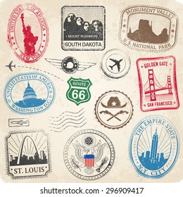 A High Detail collection of various stamps of Famous monuments and icons of US culture