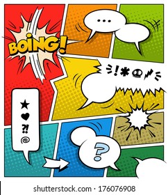 A high detail Color vector mock-up of a typical comic book page with various speech bubbles, symbols and sound effects. svg