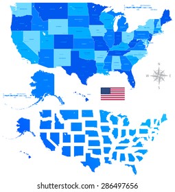 High Detail Colorful vector United States of America States and major cities. All elements are separated in editable layers clearly labeled.