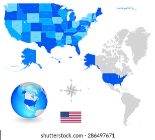 High Detail Colorful vector United States of America States and major cities. All elements are separated in editable layers clearly labeled.