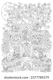 High detail coloring page for adults, teenagers, and children for meditation and stress relief. Cute coloring book for kids and adults. Halloween coloring picture for adult.