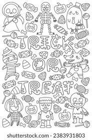 High detail coloring page for adults, teenagers, and children for meditation and stress relief. Cute coloring book for kids and adults. Halloween coloring picture for adult.