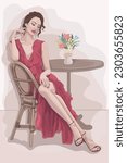 High detail elegant lady in red dress posing, sitting on wooden chair in cafe, beautiful flowers on the table behind her. 