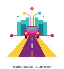 Ilustración vectorial plana de alto detalle que muestra la innovación de la movilidad autónoma que mejora el transporte urbano
