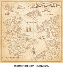 A High detail, grunge Vector "Treasure Map" with lots of decoration hand drawn with incredible details. 
