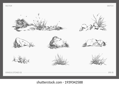 High detail hand drawn vector illustration of grass and stones, realistic drawing, sketch