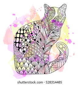 High detail illustration in zen tangle style. Adult coloring page for antistress art therapy. Sleeping cat on the watercolor background. Template for t-shirt, tattoo, poster or cover. Vector.