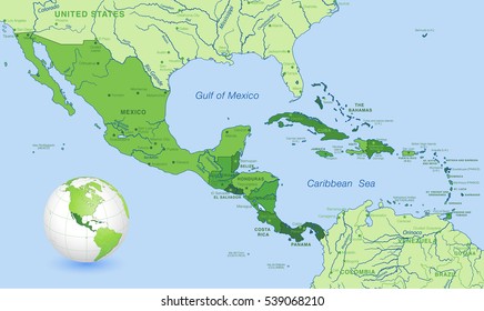 High detail map of Central america, with a 3D Globe centered on these countries.