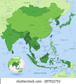 High detail map of far east Asia with a 3D Globe centered on these countries