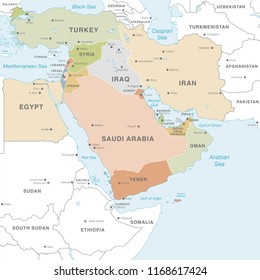 High detail map of the Middle East Zone with Countries, Capitals, Main Cities and Seas and islands names in classic soft colors palette. svg