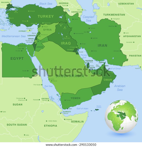 High detail map of the Middle East Zone,\
with a 3D Globe centered on Middle\
East.