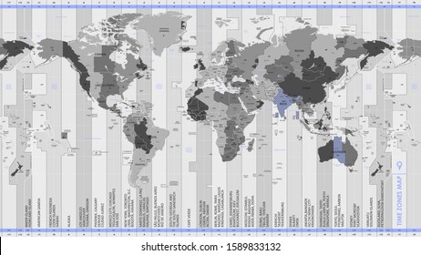 High detail monochrome world map standard time zones, with borders and country names, vector illustration