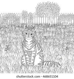 High detail patterned cat detailed background in zentangle style  Adult coloring page and pet for antistress art therapy  Zendoodle template for t  shirt  tattoo  poster logo  Vecto illustration