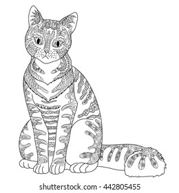 Die Katze ist im Zen-Stil mit hohen Details gemustert. Erwachsenenfarbseite für Anti-Stress-Kunsttherapie mit Haustieren. Vorlage mit süßem Haustier für T-Shirt, Tattoo, Poster oder Logo. Vektorgrafik.