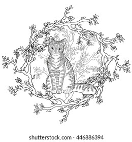 High detail patterned cat in zentangle style. Adult coloring page for anti stress art therapy with domestic animal. Template with cute pet for t-shirt, tattoo, poster or logo. Vector illustration.