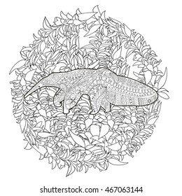 High detail patterned illustration in zen tangle style. Adult coloring page for antistress art therapy. Anteater with baby. Template for t-shirt, tattoo, poster or logo. Vector illustration.