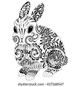 Conejo estampado de alto detalle en estilo enredo zen. Dibujo para colorear para adulto para terapia artística antiestrés. Plantilla para camiseta, tatuaje, póster o logotipo. Ilustración vectorial.