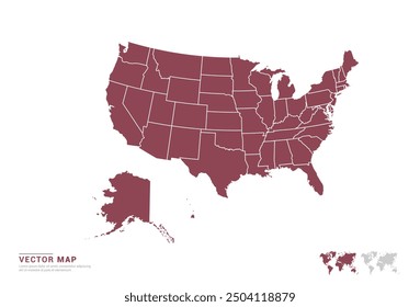 High Detail Red silhouette of United States of America (USA) map on white background vector.