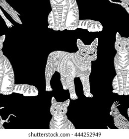 High detail seamless pattern with pets in zentangle style. Adult coloring page with a dog, cat and parrot for antistress art therapy. Zendoodle template for wrapping or scrapbook paper. Vector.