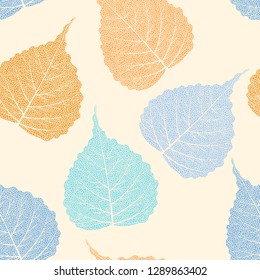 High detail skeleton leaf vector seamless pattern