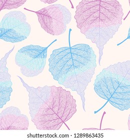High detail skeleton leaf vector seamless pattern