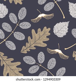 High detail skeleton leaf vector seamless pattern