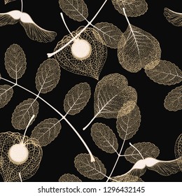 High detail skeleton leaf vector seamless pattern