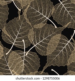 High detail skeleton leaf vector seamless pattern