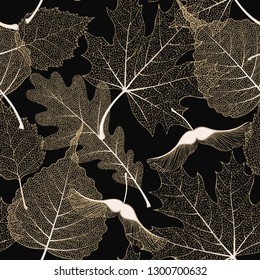 High detail skeleton leaf vector seamless pattern