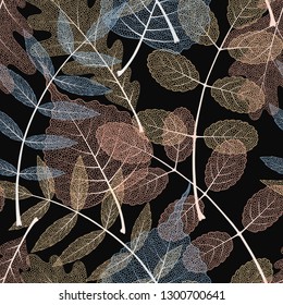 High detail skeleton leaf vector seamless pattern